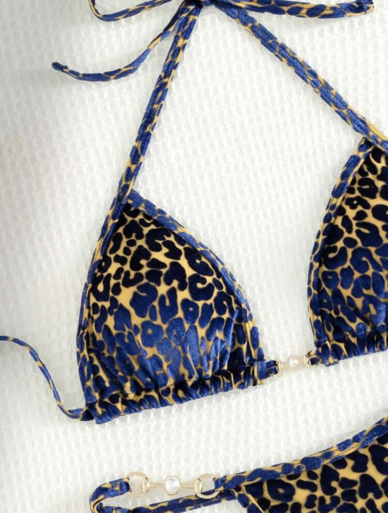 2024 Brazilian Summer Women Leopard Pearl Bathing Suit Beachwear Thong Two Pieces Set Special Fabric Halter Neck Swimwear Bikini