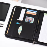Business Portfolio Padfolio Folder Document Case Organizer A4 PU Leather Zippered Closure with Business Card Holder